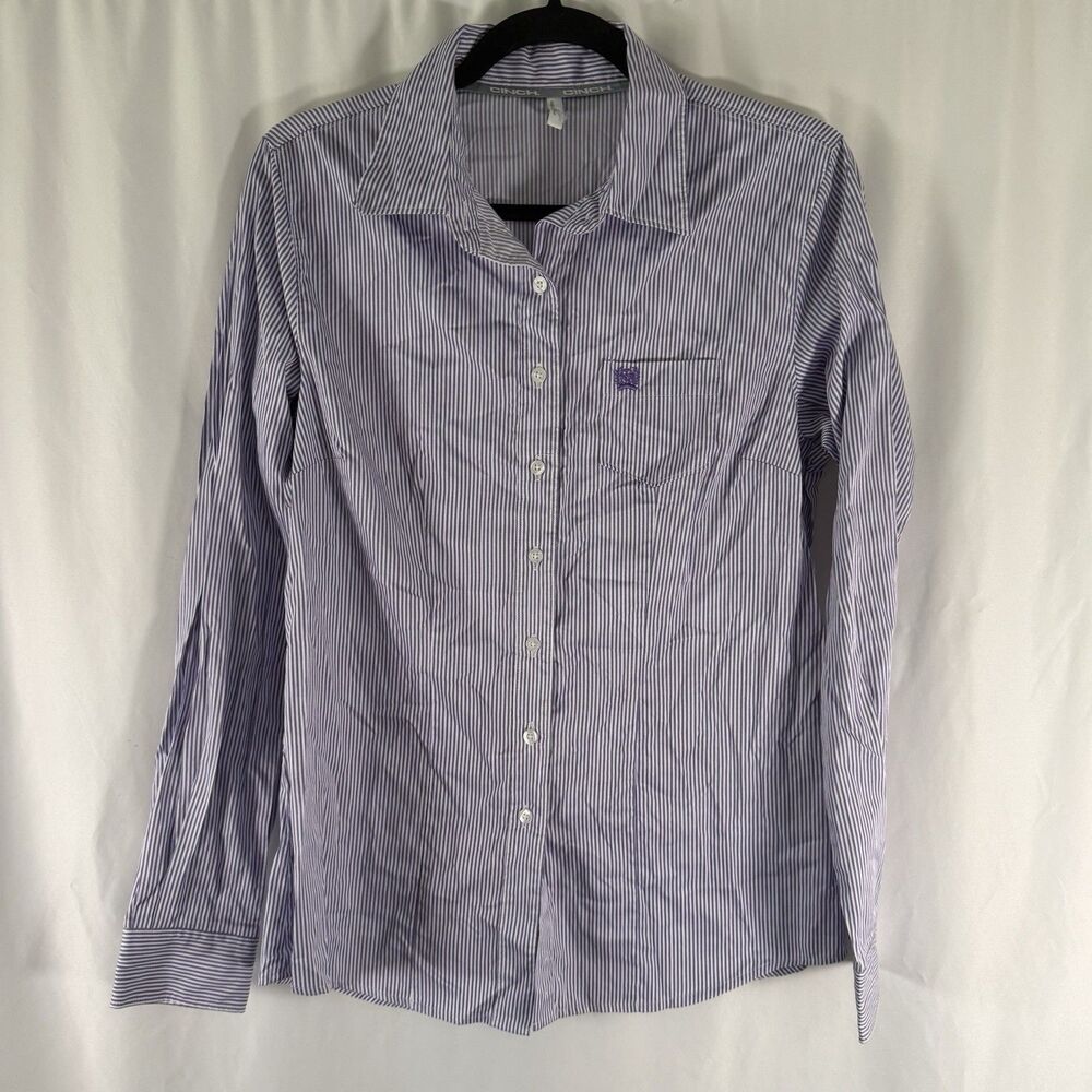 Cinch Dress Shirt Women's Large Purple White Striped Button Up Long Sleeve Colla